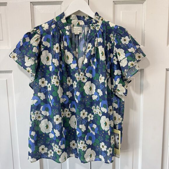 Trovata Birds of Paradise Clover Blouse Rosa Blanca Blue Lux Lightweight Large - Picture 3 of 12